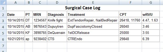 Case Log - Excel snapshot